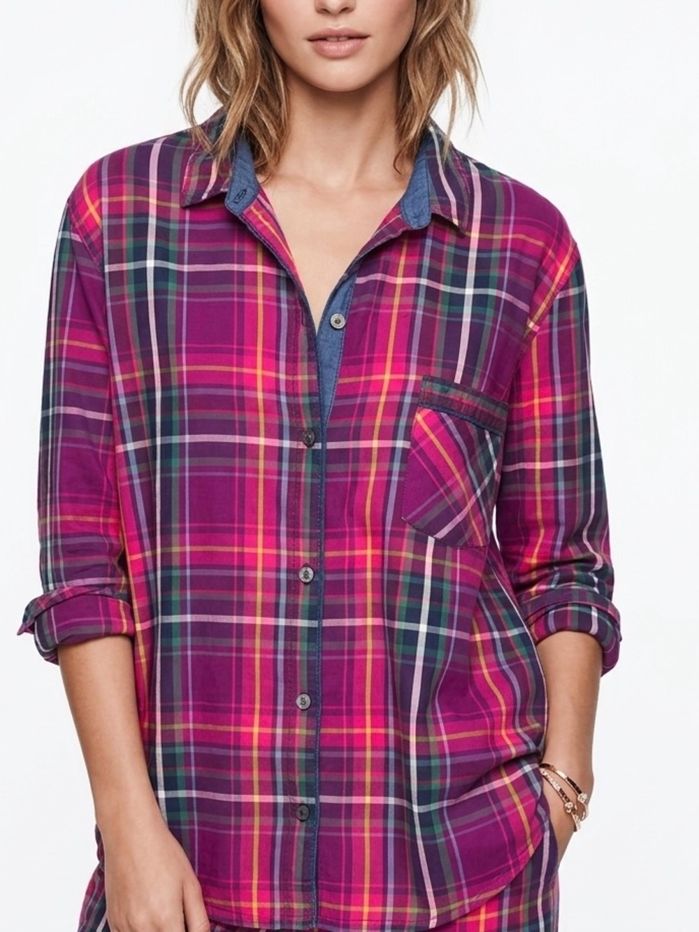 Victoria's Secret Cotton Plaid Pajama Top Button Down Pink Purple Green XL